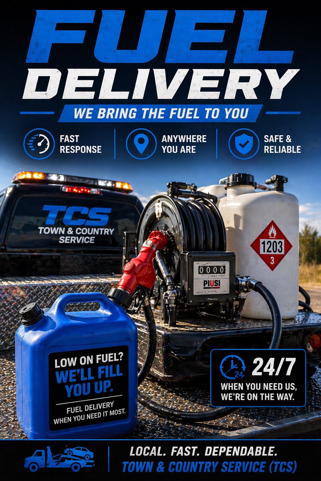 Fuel delivery in bredenbury and yorkton TCS emergency fuel delivery service refueling a stranded vehicle on the roadside, technician pouring gasoline from a safety can into the fuel tank, quick response roadside assistance ensuring the driver can get back on the road safely