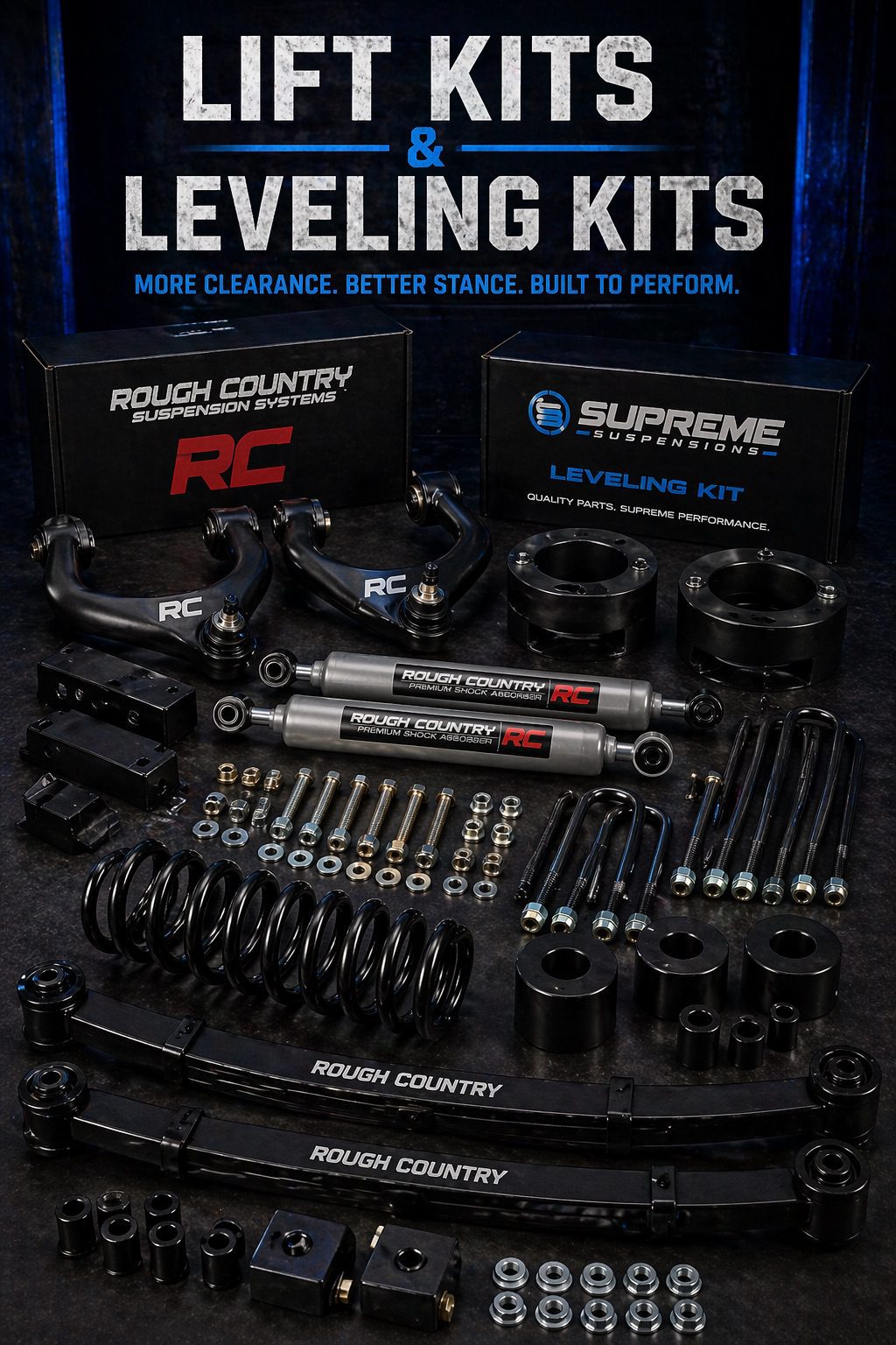 Lift kits and leveling kits bredenbury & yorkton leveling kit suspension installed on pickup truck, front end lifted to match rear height, showing coil spacers and upgraded components in a clean shop setting, automotive upgrade for improved stance and tire clearance