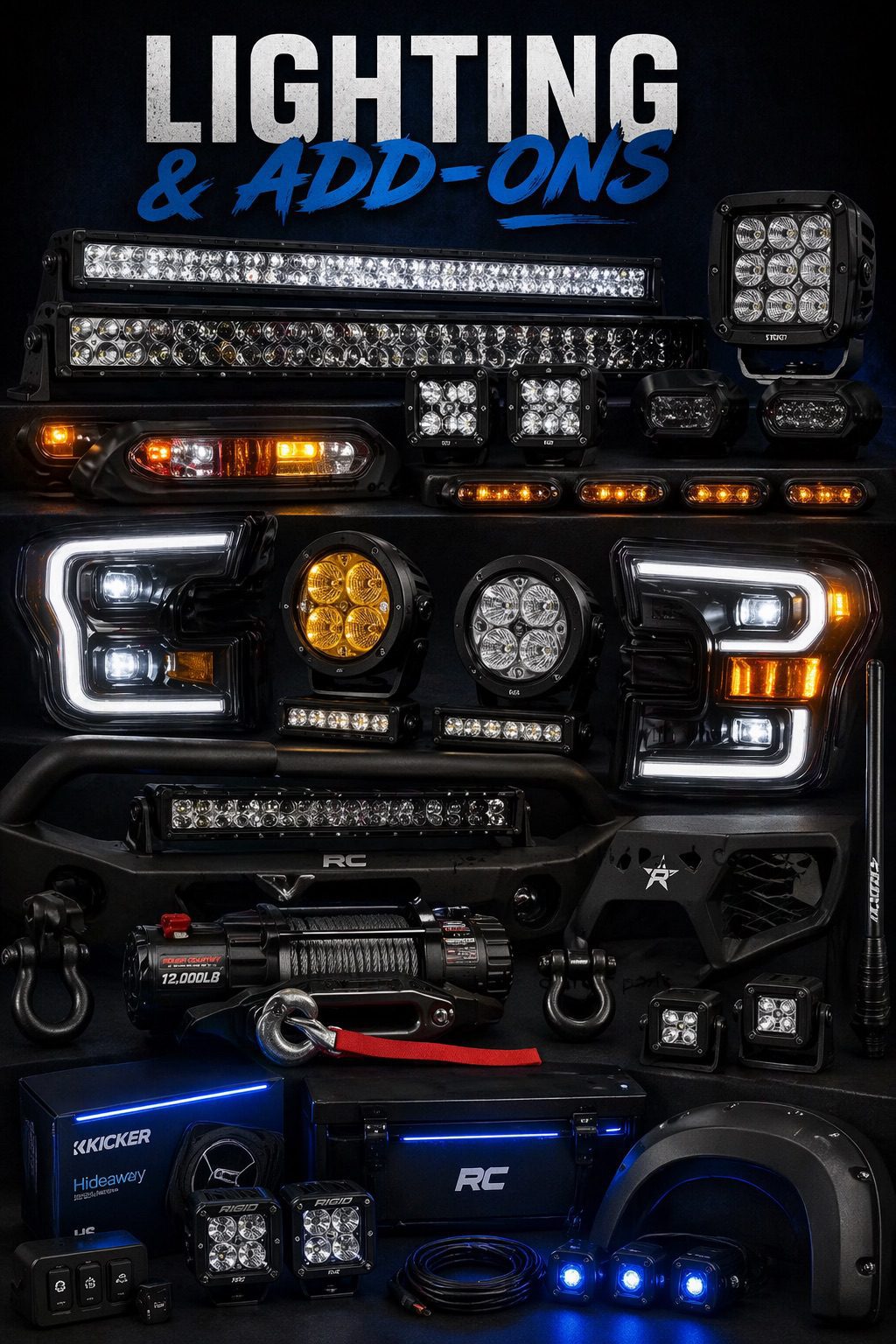 Lighting and add-ons TCS aftermarket truck lighting and add-ons including LED light bars, fog lights, and auxiliary accessories installed on a pickup truck, showcasing enhanced visibility and rugged customization in a clean shop setting