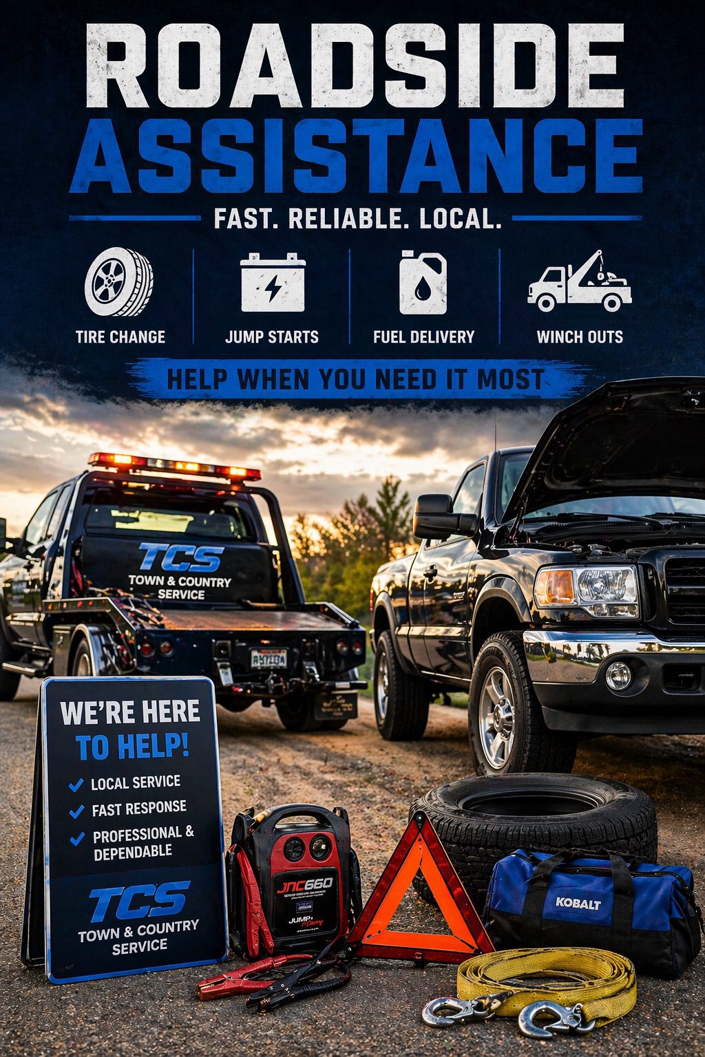 Roadside Assitance- towing TCS roadside assistance technician providing help to a disabled vehicle on the shoulder, using tools beside a tow truck with safety lights on, quick response service ensuring driver safety and vehicle recovery