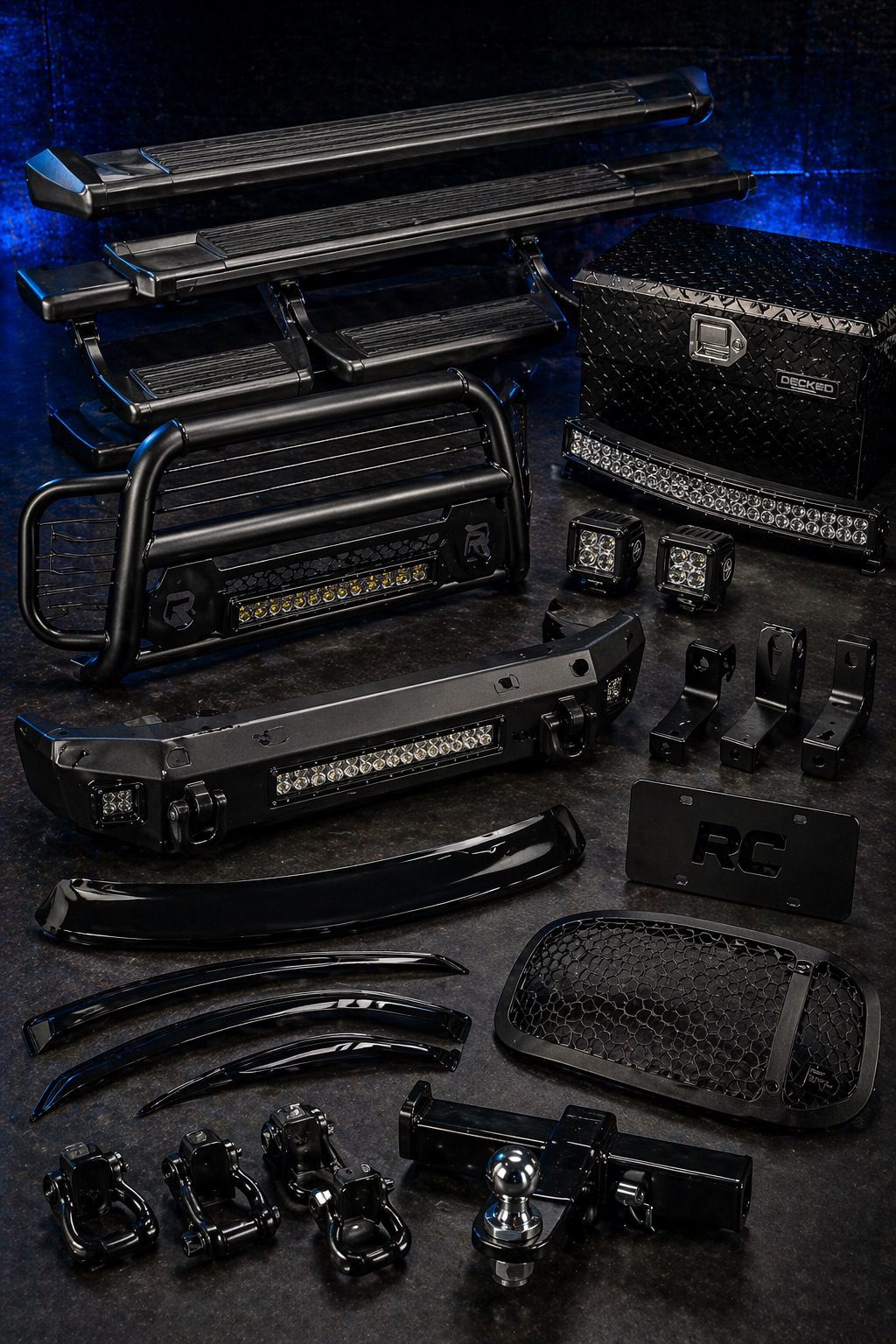 Running boards and accessories running boards installed on pickup truck with side step accessories, clean close-up showing durable metal step rails, enhanced vehicle accessibility and rugged styling in a professional shop setting