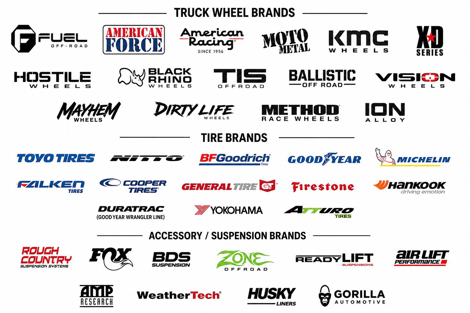 TCS Brands image Truck wheel, tire, and accessory brand logos including Fuel Off-Road, American Force, Moto Metal, KMC, Toyo Tires, BFGoodrich, Michelin, Rough Country, and more displayed on a white background