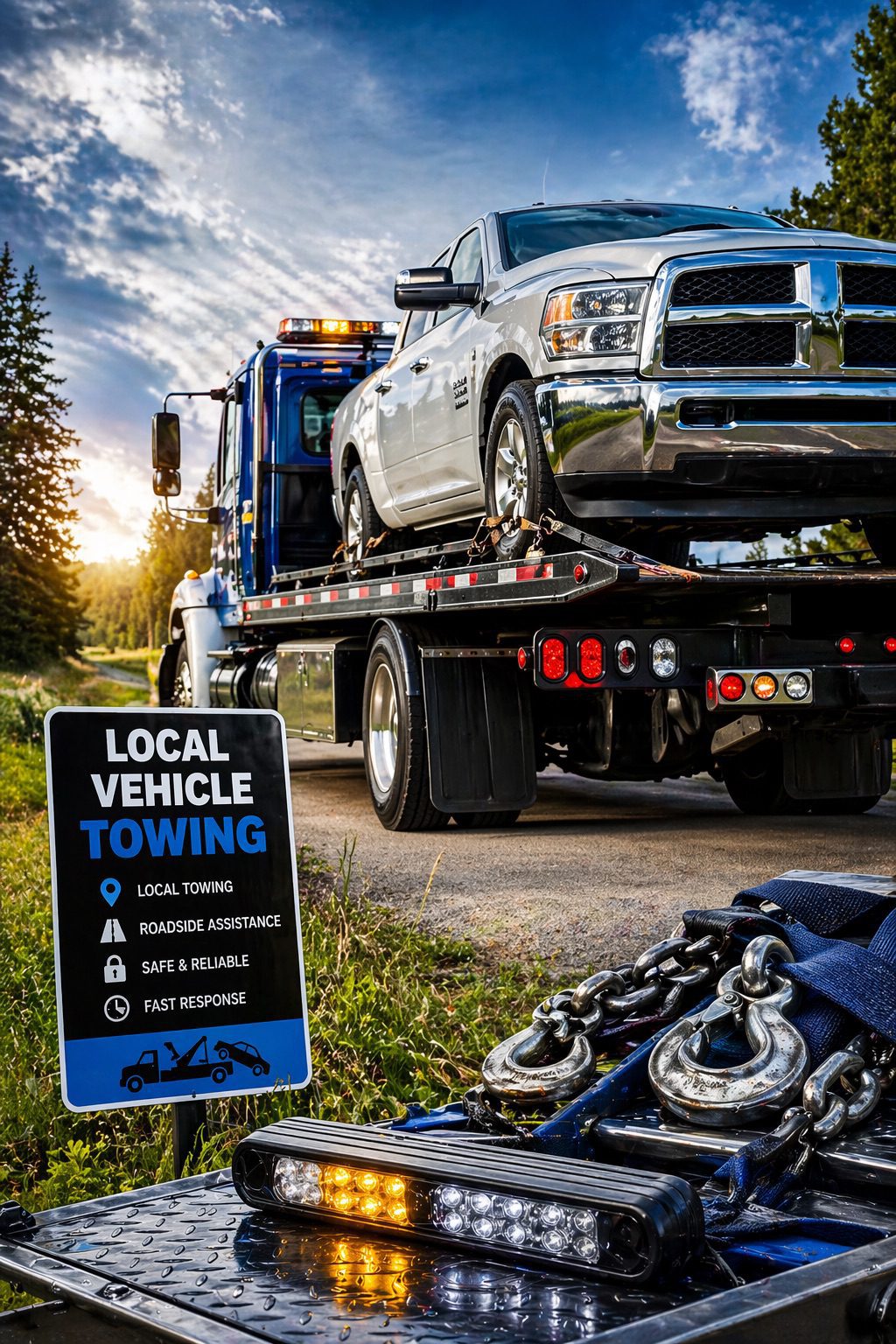Towing TCS local vehicle towing service transporting a car on a flatbed tow truck, driver securing the vehicle with straps in a roadside setting, reliable towing support in the local area